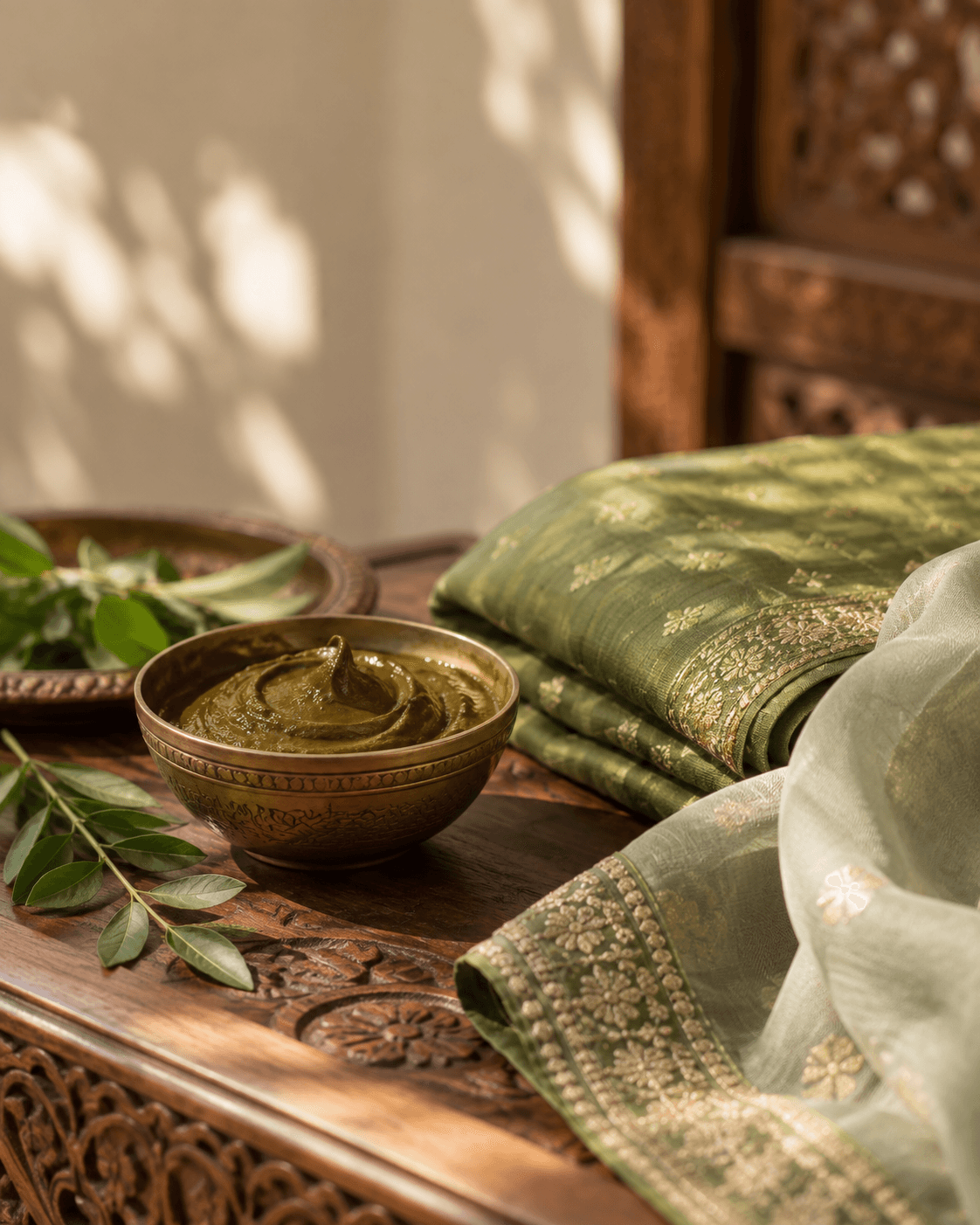 Editorial still life of green Indian textiles and a bowl of henna