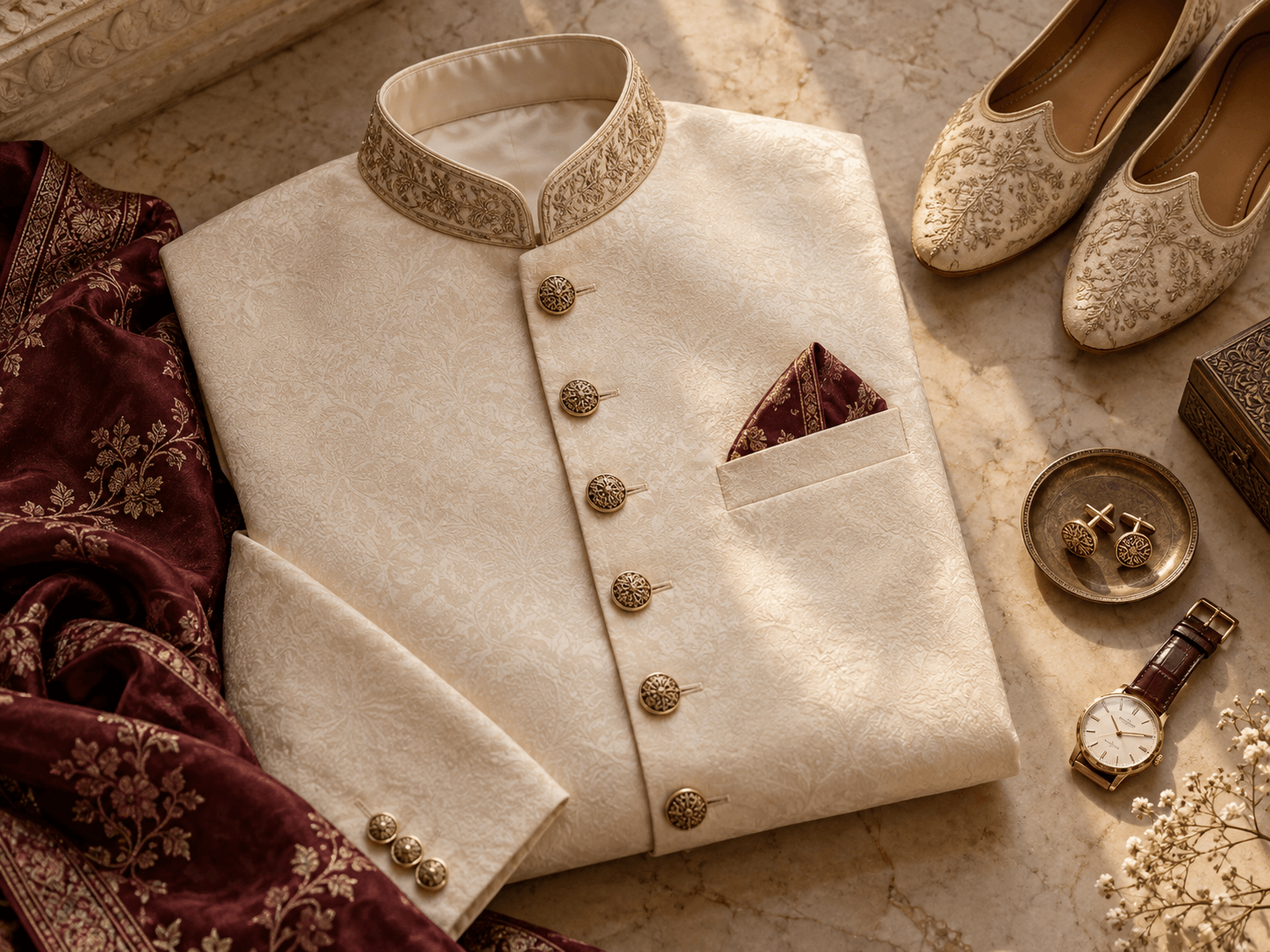 Ivory embroidered sherwani with wine fabric and traditional accessories